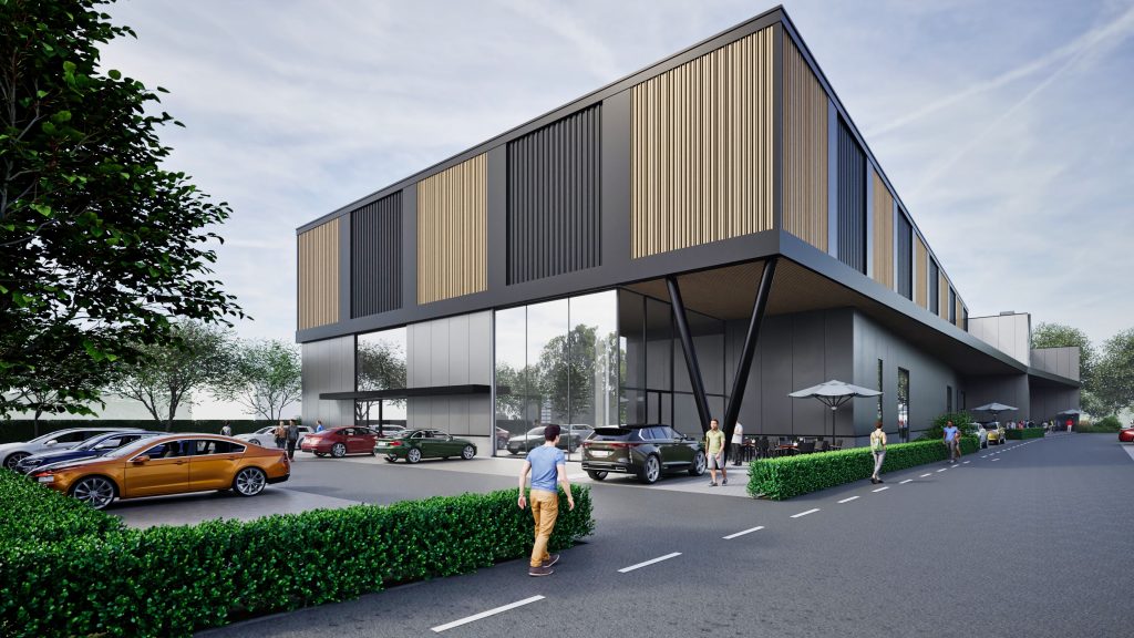 Hoekaanzicht van The Jungle in Namen, het vrijetijdscomplex langs de E42